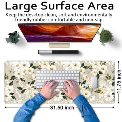 Daisy Floral Daisies Large Mouse Pad Watercolor Flowers Desk Mat, Washable Mousepad LYC Cloth Stitched Edges Women Girls Gaming Mousepad Computer Pc Laptop Desk Mat 31.5 X 11.8 in - color: Beige