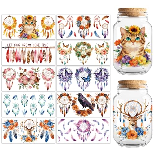 UV DTF Cup Wraps Transfer Stickers Dreamcatcher with Animal Pattern, 10 Sheets Waterproof Custom Vinyl Transfer Sticker 16oz Coffee Glass Cup Tumbler Bottle Mug Decals for Men Women - style: Dreamcatcher with Animal