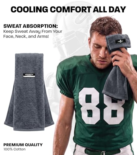 Football Towel with Hook & Loop Fastener (Grey) | Quarterback QB Sports Towel Football to Clean Hands, Visor and Gloves - Highly Absorbent, Quick Dry - color: Grey