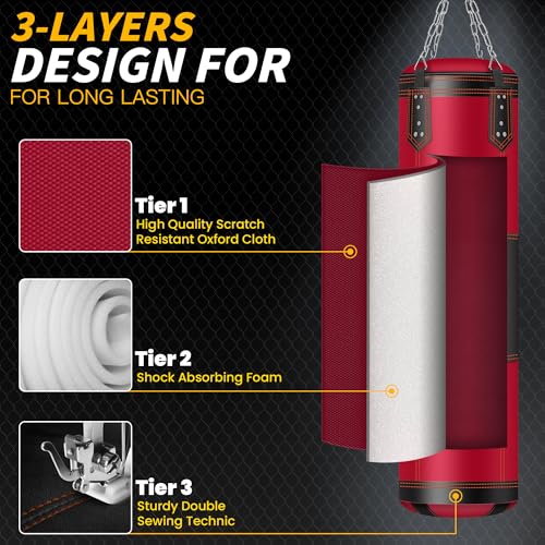 Punching Bag for Adults, Red 4ft Oxford Heavy Boxing Bag Set with 12 oz Gloves for MMA Kickboxing Boxing Karate Home Gym Training (Unfilled)