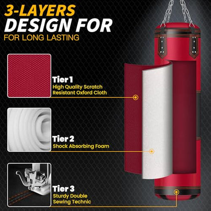 Punching Bag for Adults, Red 4ft Oxford Heavy Boxing Bag Set with 12 oz Gloves for MMA Kickboxing Boxing Karate Home Gym Training (Unfilled)