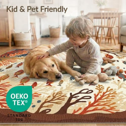 8'x10' Washable Graphic Fish Large Rug, Teal Non-Shedding Pet Friendly Carpet for King Size Bedroom, Master Suite, Under Bed, Foldable Easy Care Mat | Ref:1994267