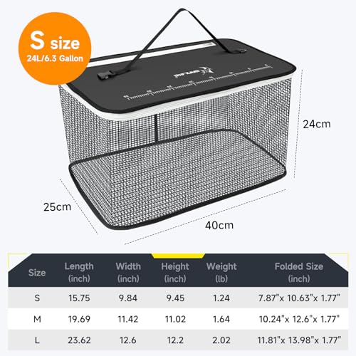 SANLIKE Floating Fishing Basket Collapsible Fishing Net Cage, Rubber Coated Net Fish Basket for Live Caught Fish Minnows Bait Bucket Minnow Trap, 24L/40L/59L，Black/Grey - color: S-24L-Black