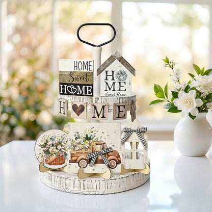Smile 9pcs Indoor Wooden Decor, Truck Floral Home Sweet Home Rustic Farmhouse Tiered Tray Set Home Decor for Kitchens (Without Trays) - style: Retro
