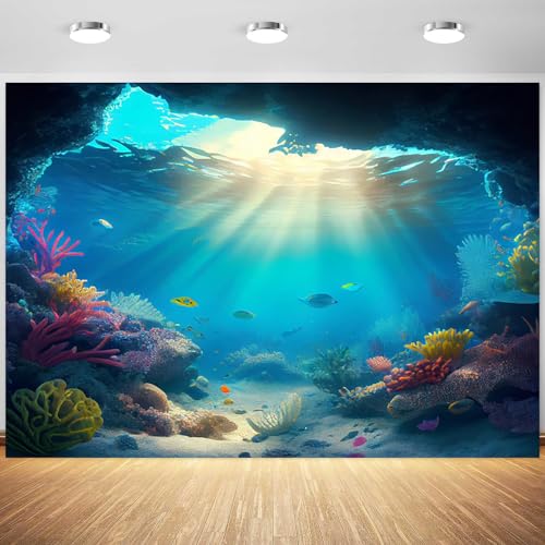 5x4ft Under The Sea Backdrop Underwater Blue Ocean Fish Coral Photography Background Kids Birthday Baby Shower Party Banner Cake Table Decorations Supplies Photo Booth Props - size: 5x4ft