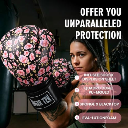 FINGER TEN Stylish Pattern Boxing Gloves Women 8-16 oz - color: Pink Flower, size: 14 oz