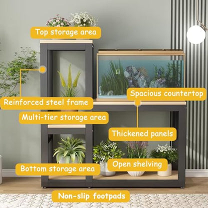 Aquarium Stand, Terrarium Stand, With Storage Shelf, Heavy-Duty Reptile Enclosure Stand, Suitable For Home And Office Use, Ideal For Reptiles, Turtles,Fish(Black+Teak,23.6x15.7in)