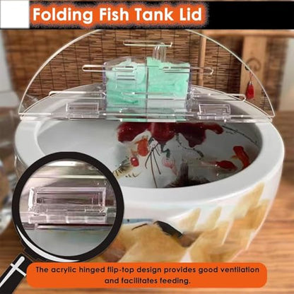Cat Proof Acrylic Lid for Round Aquarium - Cuttable Fish Tank Cover with Hinges, Anti-Jump Terrarium Hood, Folding Flip-Top Design, Perfect for Pets