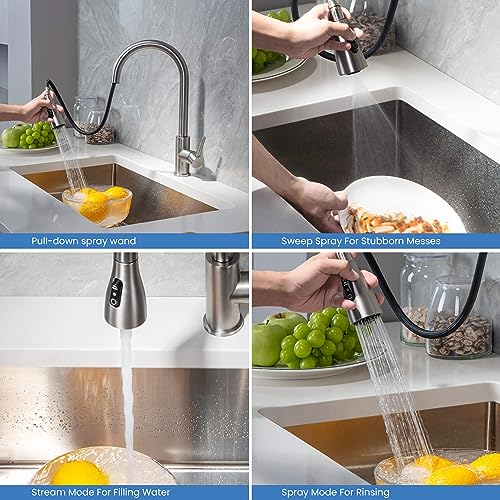 Single Handle Pull Down Kitchen Sink Faucet with Dual Function Sprayer – Solid Brass Construction, High Arc 360 Degree Swivel Spout Kitchen Faucet, Easy-Clean Nozzles (Brushed Nickel, F102)