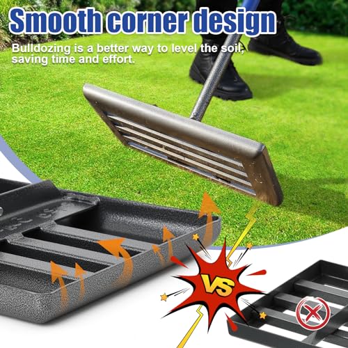 FLY HAWK Lawn Leveling Rake | Levelawn Tool | Level Soil or Dirt Ground Surfaces Easily | 18” x 10” Ground Plate | rakes for lawns Heavy Duty 72” Extra Long Handle | Extracted Iron Metal Black