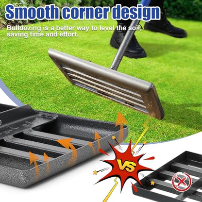 FLY HAWK Lawn Leveling Rake | Levelawn Tool | Level Soil or Dirt Ground Surfaces Easily | 18” x 10” Ground Plate | rakes for lawns Heavy Duty 72” Extra Long Handle | Extracted Iron Metal Black