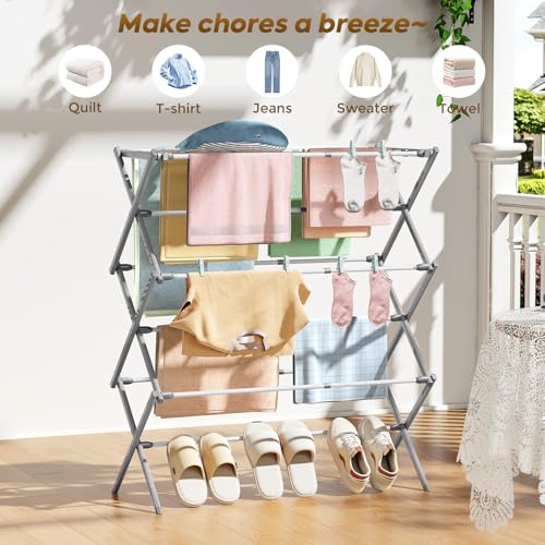 KINGBOARD 3-Tier Extendable Clothes Drying Rack, Foldable, White & Grey | 37.4"H x 33.8"W x 11.2"D, Space-Saving Collapsible, Easy Assembly, Rust-Resistant Iron Frame, Indoor Outdoor Use, 25lb - color: White&grey