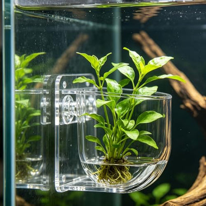 Naroote Suction Cup Aquarium Planter Transparent Acrylic Plant Holder 48x49 mm with Wide Sloped Openings for Fish Tank Shrimp Fry Xmas Moss (Large Size)