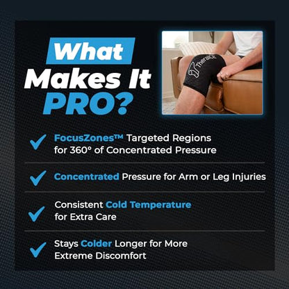 TheraICE Knee Ice Pack Wrap PRO, Knee Brace Compression Sleeve, FocusZone | Reusable Gel Cold Therapy for Meniscus, ACL, MCL & Surgery Recovery, Extra Cooling and Pressure Relief for Women and Men - size: X-Large, style: PRO