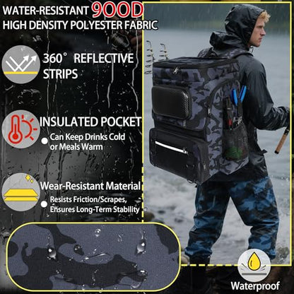 Fishing Backpack with Rod Holder, Large 50L Tackle Bag Water Resistant Tackle Backpack Heavy Duty Fishing Bag Gift for Men Woman