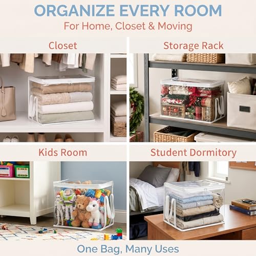 Clear Storage Bins with Lids, Plastic Storage Boxes and Closet Organizers for Under Bed Toy Storage, Foldable Moving Bags for Packing Clothes (White-8PCS, Small: 12.6 x 9.5 x 9.8 in)