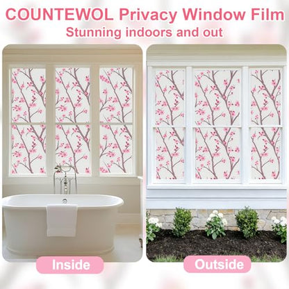 Frosted Static Cling Window Film, Stained Glass Privacy Film with Sakura Pattern, Anti-Glare UV Protection, Removable Decorative Window Clings for Home (Frosted Sakura, 17.5 x78.7 in)