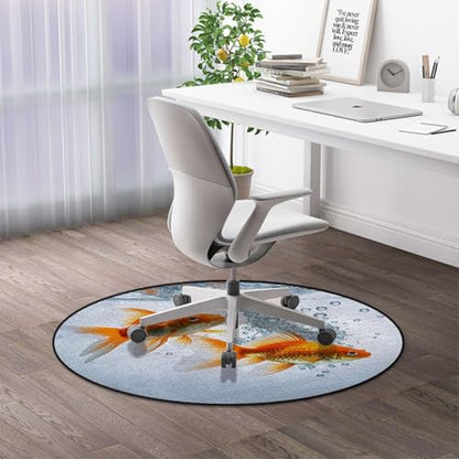 Aquarium Round Area Chair Mat for Hardwood Floors, Golden Carp Swivel Chair Protector, Protect The Floor from Scratches, Orange Gold White Diameter 43.3 in