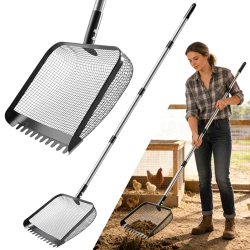Stainless Steel Chicken Coop Scoop, 12-Inch Sifter Litter Scoop with Adjustable Handle, Heavy Duty Poop Scooper for Farm Animal Manure Cleaning, Backyard Poultry, Rabbit