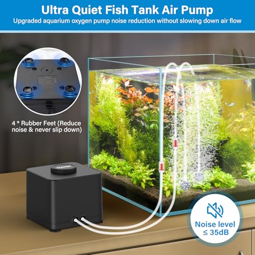 hygger Aquarium Air Pump, Quiet Adjustable Fish Tank Air Pump, 4W/7W/11W Powerful Oxygen Aerator Dual Stainless Steel Outlets with Air Stone Bubbler for Small Medium Large Fish Tank, Hydroponic - size: 4W(Tank Up to 120 Gallon)