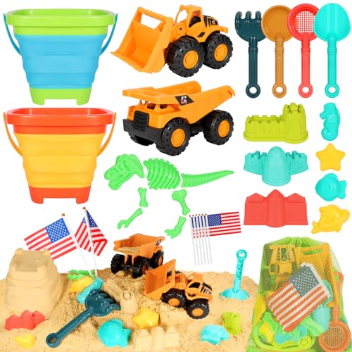 Beach Sand Toys for Kids, 29PCS Sandbox Toys with 2 Collapsible Bucket Sand, 2 Dump Truck, Dinosaur Molds, Castle Building Kit, Shovel Sieve,Flags,Mesh Bag Travel Beach Toys for Toddler 3-10