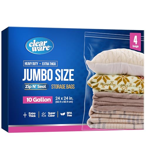 4 Count - Large Storage Bags With Zipper Top, 10 Gallon Size 24" x 24", Extra Large Plastic, For Clothes, Travel, Moving, BPA-Free, Heavy Duty 3-Mil Thick