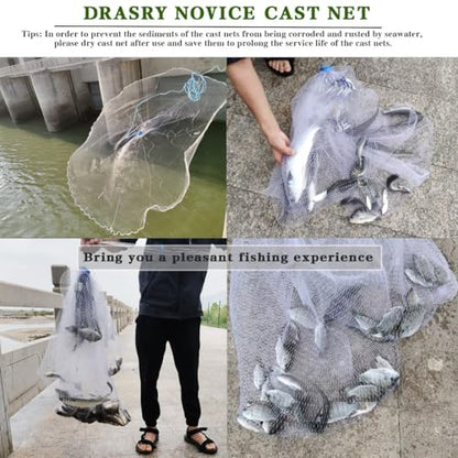 Saltwater American Fishing Cast Net 3/8inch Mesh Size for Bait Shrimp Trap Fish Heavy Duty Sinkers Throw Net 3FT/4FT/5FT/6FT/7FT/8FT/9FT/10FT Radius - color: White, size: 3FT Radius, style: Zinc-iron--mono -3/8" Mesh 1lb/Ft