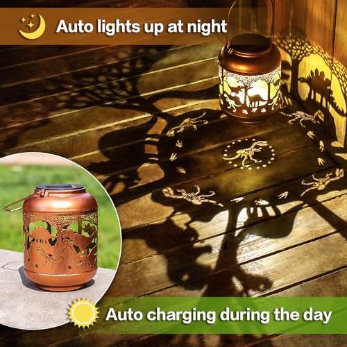 Dinosaur Solar Lanterns Outdoor Waterproof,Hanging Solar Lights Dinosaur Gifts for Women Men Metal LED Decorative Light for Yard,Patio,Lawn,Tabletop,Pathway,Landscape,Garden Decor - style: Dinosaur