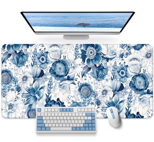 Large Mouse Pad for Desktop, Cute Desk Mat Pad Protector for Work & Gaming, Aesthetic Pretty Anti-Slip Laptop Blotter Cover for Office School Home Supplies, Blue Floral, 31.5" x 11.8"