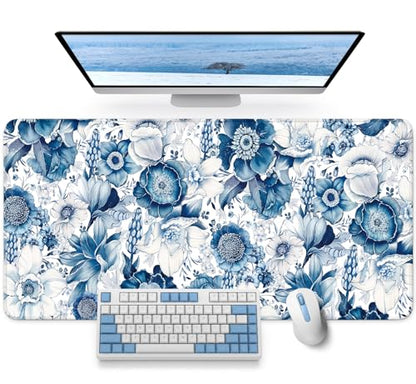 Large Mouse Pad for Desktop, Cute Desk Mat Pad Protector for Work & Gaming, Aesthetic Pretty Anti-Slip Laptop Blotter Cover for Office School Home Supplies, Blue Floral, 31.5" x 11.8"