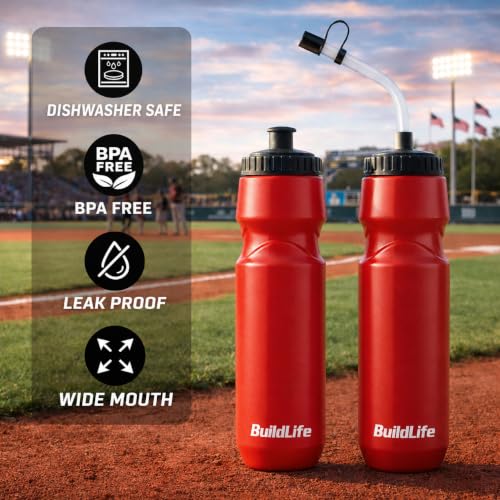 BuildLife 2 Pack Sports Water Bottle - Hockey Water Bottle with Long Straw and 2 lids (Straw and Squeeze) for Helmet Sports Hockey, Lacrosse, Football, Boxing, BPA Free,Dishwash Safe (Red) - color: Red