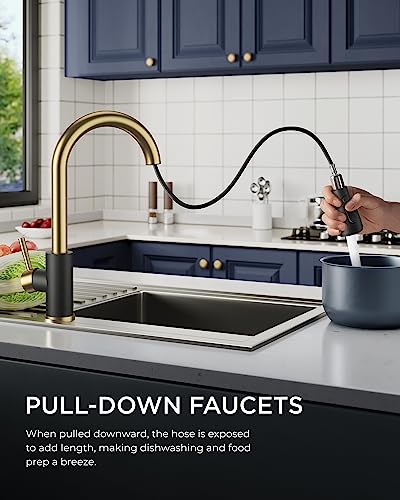 FORIOUS Kitchen Faucets with Pull Down Sprayer, High Arc Single Handle Classic Stainless Steel Sink Faucet 1 or 3 Hole, Suitable for Farmhouse Camper Laundry Rv Bar, Black Gold - color: Black&Gold, style: Classic