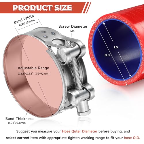 AKIHISA T-Bolt Hose Clamp,92-97mm OD Range 304 Stainless Steel Pipe Strap Clamp, Adjustable Heavy Duty Tube Clamp (4Pack, 3.62"" to 3.82"") - size: 92-97mm