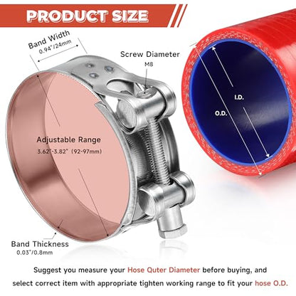 AKIHISA T-Bolt Hose Clamp,92-97mm OD Range 304 Stainless Steel Pipe Strap Clamp, Adjustable Heavy Duty Tube Clamp (4Pack, 3.62"" to 3.82"") - size: 92-97mm