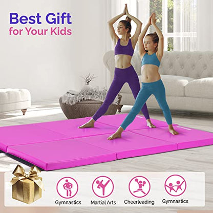 Matladin 6' Folding Tri-fold Gymnastics Gym Exercise Aerobics Mat, 6ft x 2ft x 2in PU Leather Tumbling Mats with Hook & Loop Fastener for Stretching Yoga Cheerleading Martial Arts - color: Purple-2 Pack
