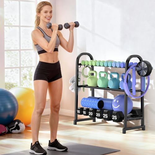 3 Tier Dumbbell Rack - Weight Rack for Home Gym: Stand Only | Heavy Duty Adjustable Storage Rack with Hooks, Dumbbell Stand & Weight Holder, Organizer Shelf for Home Gym - size: 29.96''Length