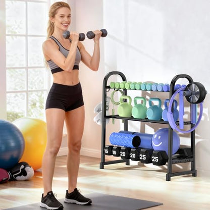 3 Tier Dumbbell Rack - Weight Rack for Home Gym: Stand Only | Heavy Duty Adjustable Storage Rack with Hooks, Dumbbell Stand & Weight Holder, Organizer Shelf for Home Gym - size: 29.96''Length