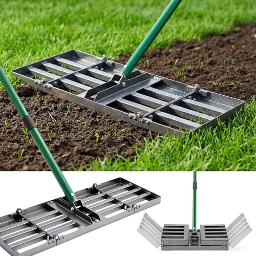 30"x10" Lawn Leveling Rake, Heavy Duty Lawn Leveler with 33"-77" Adjustable Handle, Foldable Ground Leveling Tool for Soil, Sand, Gravel, Ergonomic Design for Lawns, Golf Courses and Backyards