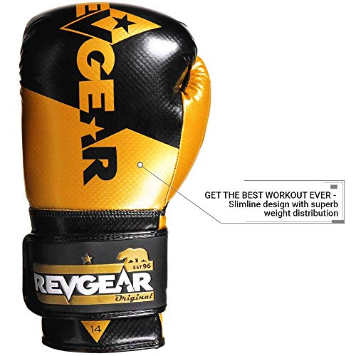 Revgear Pinnacle Boxing Glove | Entry Level | Comfortable & Stylish - color: Gold/Black, size: 12OZ