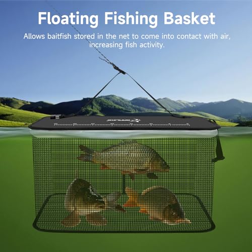 SANLIKE Floating Fishing Basket Collapsible Fishing Net Cage, Rubber Coated Net Fish Basket for Live Caught Fish Minnows Bait Bucket Minnow Trap, 24L/40L/59L，Black/Grey - color: L-59L-Black