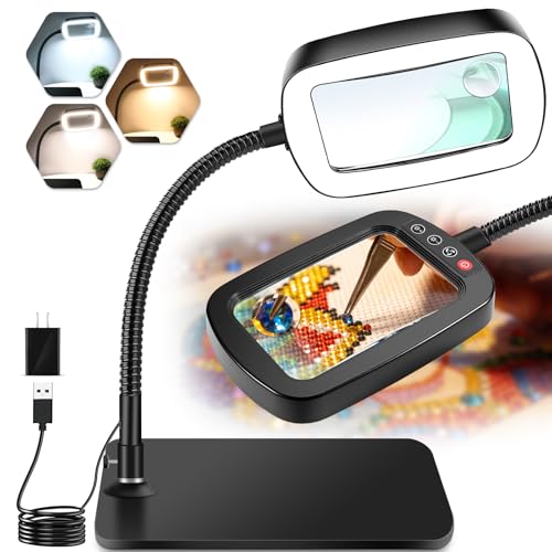 10X 30X Large Magnifying Glass with Light and Stand, 5-inch Lighted Magnifier, 72 LED 3 Color Modes Stepless Dimmable, Hands-Free Magnifying Glass Desk Lamp for Reading Craft Hobby Close Work