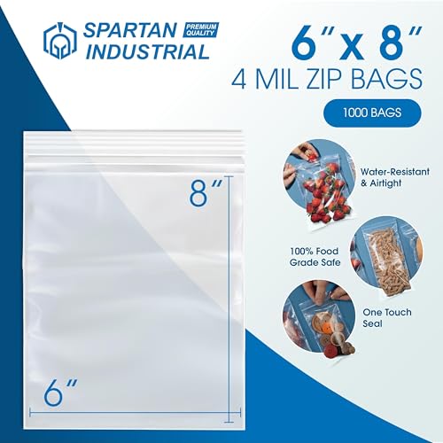 Spartan Industrial - 6" X 8" Heavy-Duty Small Zip Bags (1000 Count) - 4 Mil Plastic Bags for Packaging, Kits, Storage - size: 6" X 8"