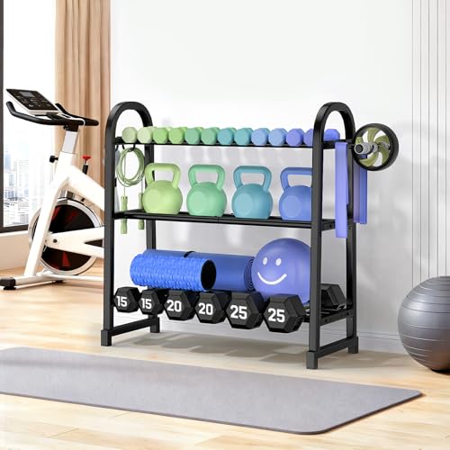 3 Tier Dumbbell Rack - Weight Rack for Home Gym: Stand Only | Heavy Duty Adjustable Storage Rack with Hooks, Dumbbell Stand & Weight Holder, Organizer Shelf for Home Gym - size: 29.96''Length