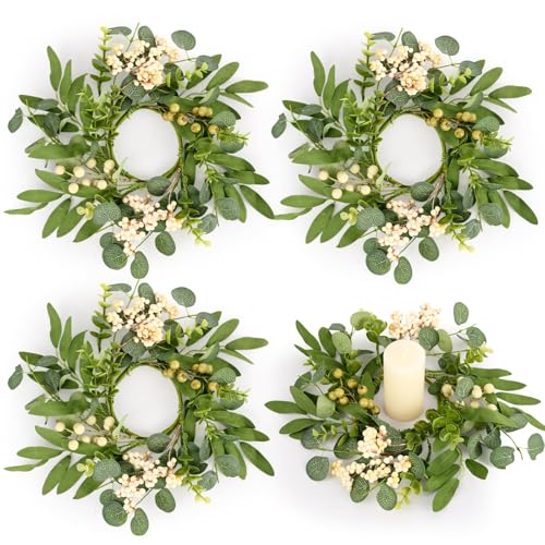 4 Pcs Green Eucalyptus Candle Rings Wreaths Spring Summer Kitchen Cabinet Wreaths Mini Green Berry Leaves Candle Wreath for Pillars Farmhouse Festival Wedding Celebrations Tabletop Decoration - size: Green-1