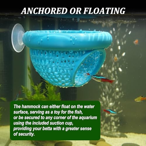 Floating Betta Hammock, Multi-Functional Fish Tank Decor, Betta Hideout with Suction Cup, Feeding Rings, Aquarium Plant Holder, Betta Fish Tank Accessories, Eco-Safe PLA, Medium, Blue