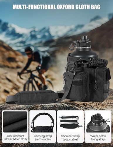 64 Oz Black Tactical Water Bottle with 3 Lids, Molle Holder | Half Gallon Water Bottle with Straw, Water Jug with Holder, Stainless Steel Sport Bottle with 3 BPA Free Lids for Gym Workout - color: 64oz-Black