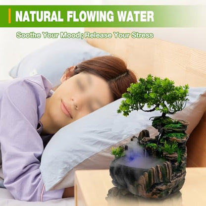 Tabletop Waterfall Fountain with Aquariums Plant Atomizing Humidifier Indoor Relaxation Desktop Fountain Waterfall with Led Light for Home Office Bedroom