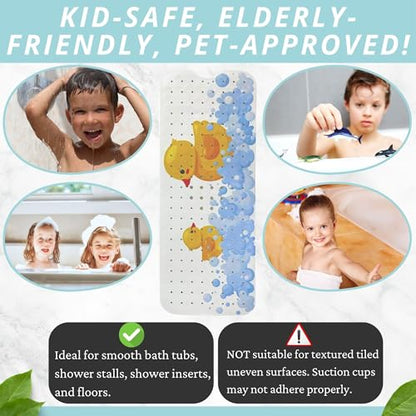 Kids Bath Mat 40x16 – Non-Slip Tub Bathmat Duck Print with Suction Cups & Drain Holes for Safe, Fun Bathtub Bath Time for Toddlers (40x16 Duck) - color: Duck Print