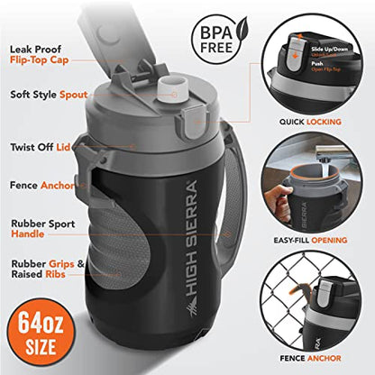 High Sierra 64 ounce Insulated Water Bottle – 64 oz Water Jug, Double Wall Insulation, Leakproof Flip-Top Lid, Silicone Spout, BPA-Free Half Gallon Bottle for Gym, Hiking, Outdoors with Fence Anchor - color: Dark Gray /Black