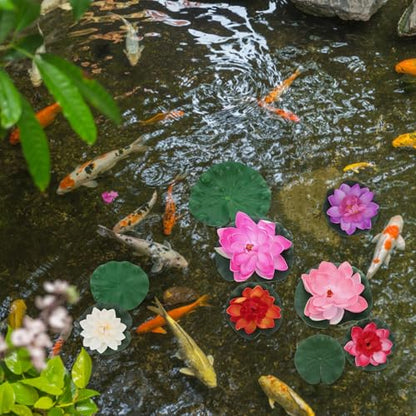 COHEALI Artificial Lotus Flower Floating Water Lily with Lifelike Eva Lily Pads, 9pcs Aquarium Pond Decoration Set, Eco-Friendly Fake Flowers for Fish Tank and Garden Display